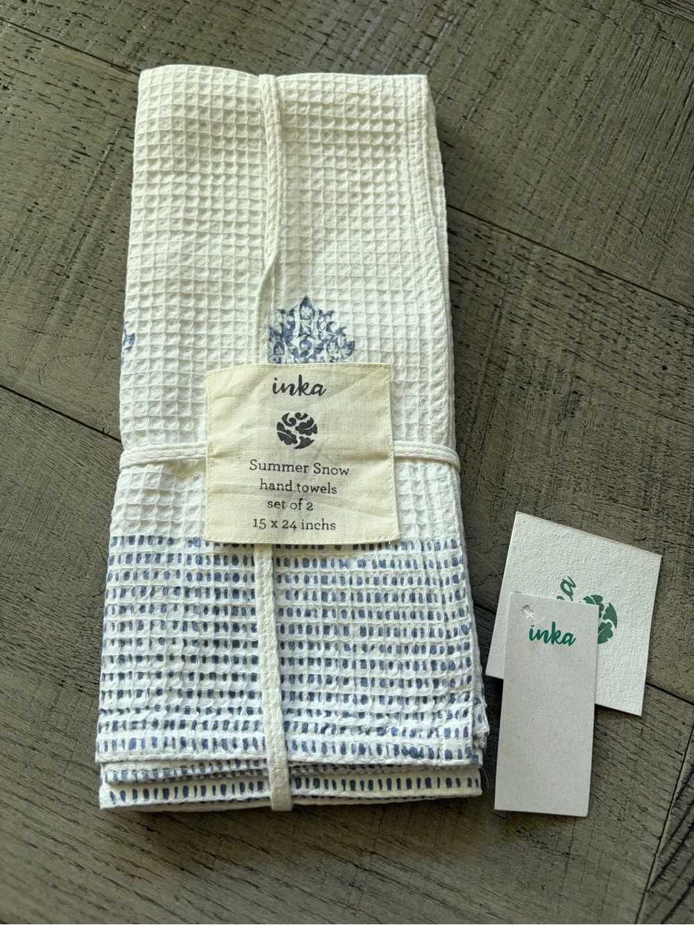 Inka Summer Snow Waffle Weave Hand Towels – Set of 2 – 15” x 24” NWT Handmade